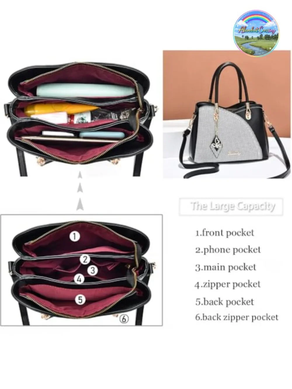 Women's Satchel Handbag - Faux Leather Tote with Gold Tone Hardware, 6 Pockets